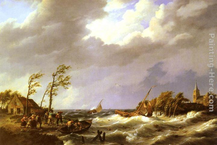 Johannes Hermanus Koekkoek Dutch Fishing Vessel caught on a Lee Shore with Villagers and a Rescue Boat in the foreground